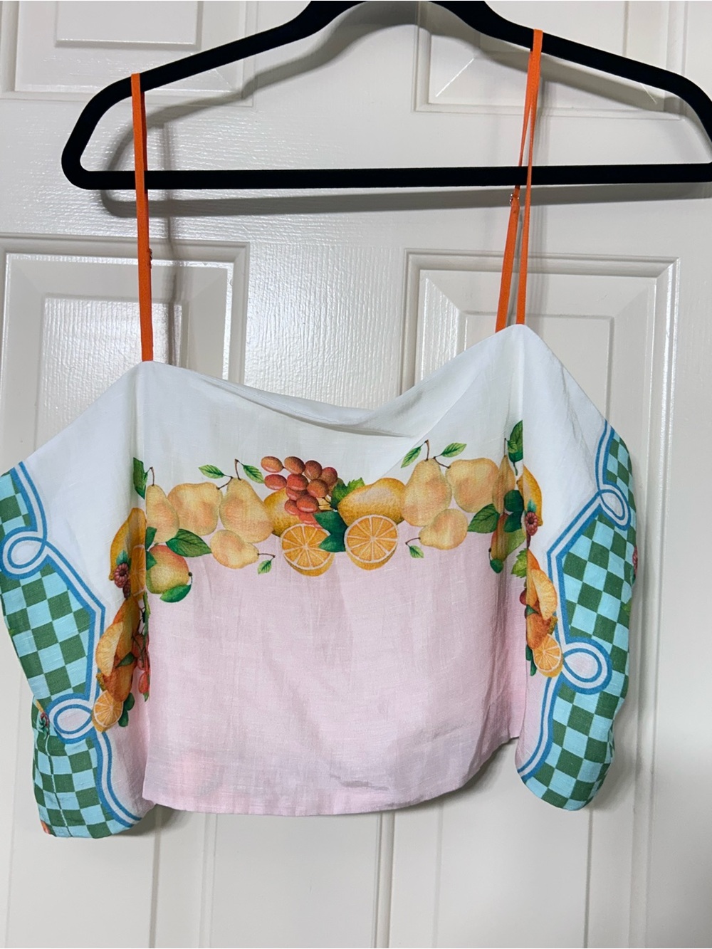 ANTONIO MELANI White Fruit-Print Spaghetti Strap Crop Top with Orange Straps